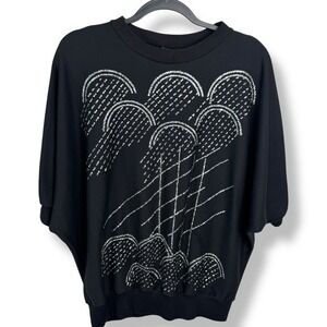Geste of Florida Batwing Top Womens Size Large Black‎ Glitter 80s VTG Abstract